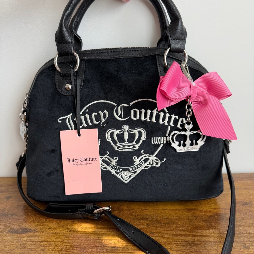 New Juicy Couture Girlie Royalty Satchel Black Crossbody Handbag Pink Bow Y2K